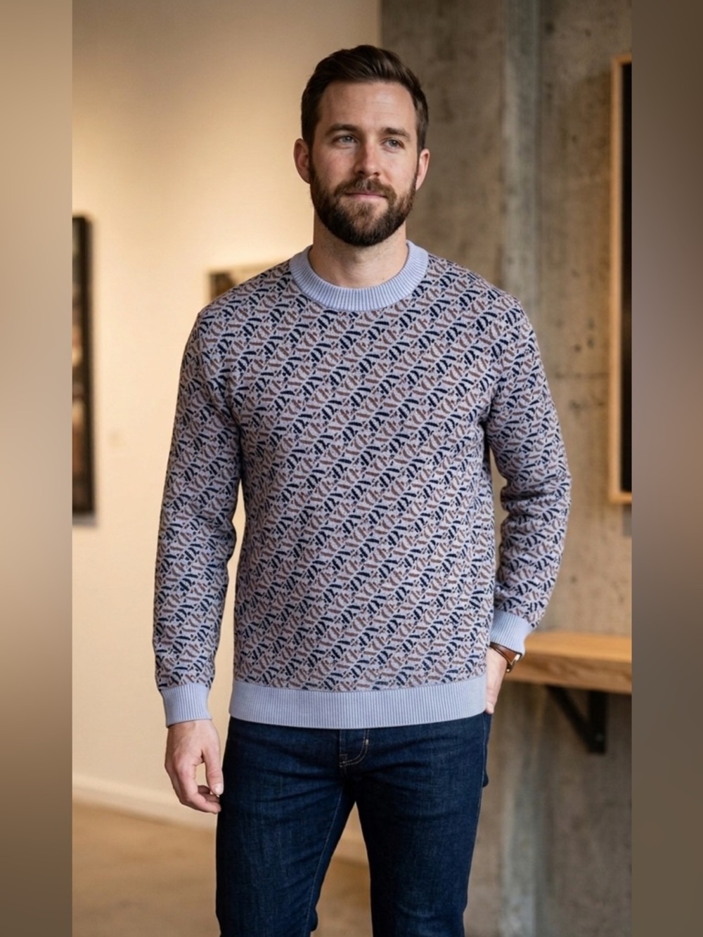 ASOS men’s  Black ,Tan and Gray Crewneck Sweater with Geometric Pattern size S